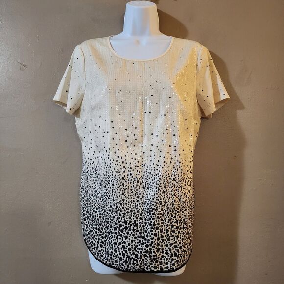 Merona Womens Pullover Blouse Size M Ivory Black Sequined Keyhole Lined Top - Picture 1 of 9
